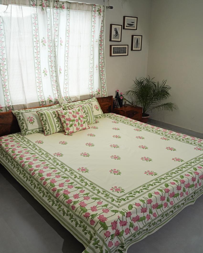 Tranquil Retreat Printed Cotton Bedsheet with 2 Pillow Cover, 2 Cushion Covers