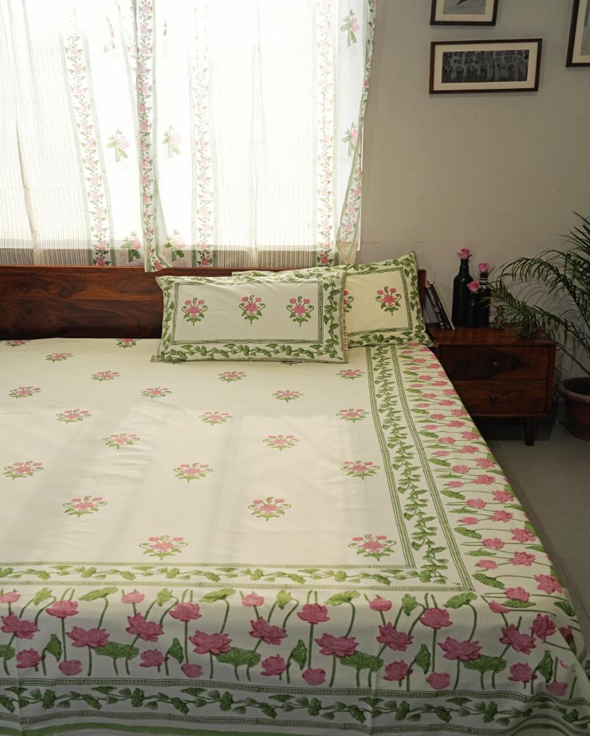 Tranquil Retreat Printed Cotton Bedsheet with 2 Pillow Cover, 2 Cushion Covers