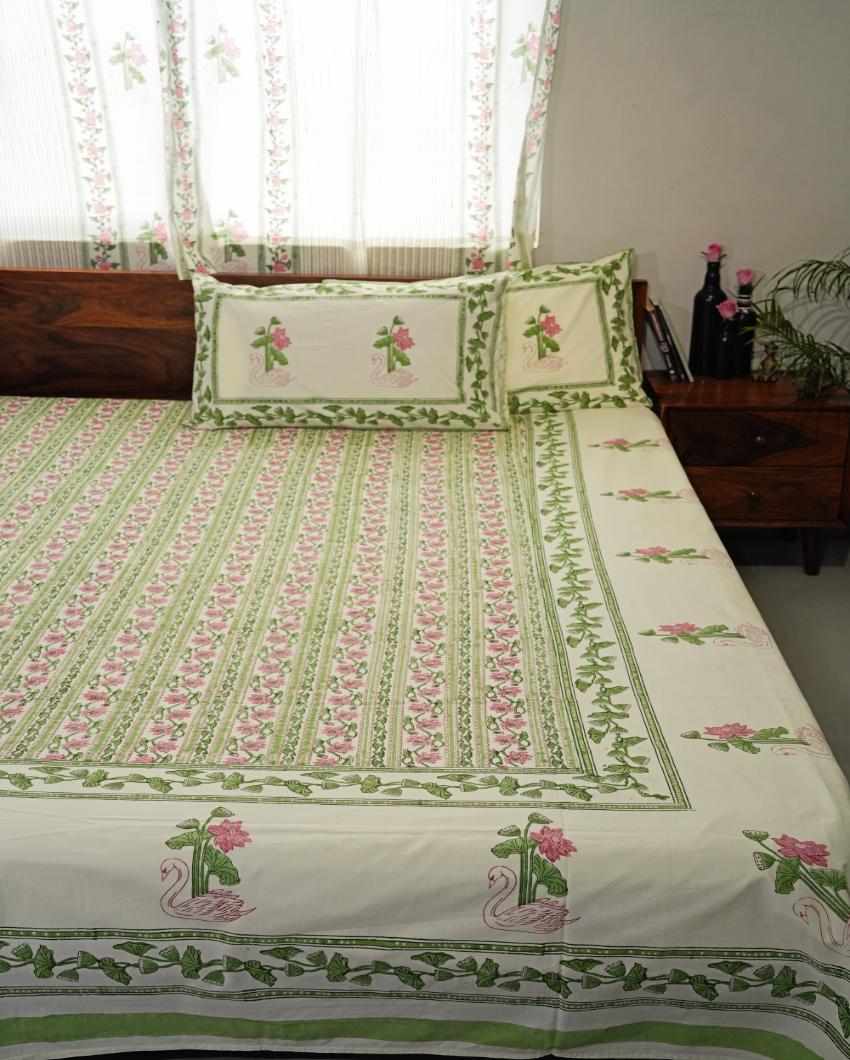 Serene Swan Song Printed Cotton Bedsheet with 2 Pillow Covers