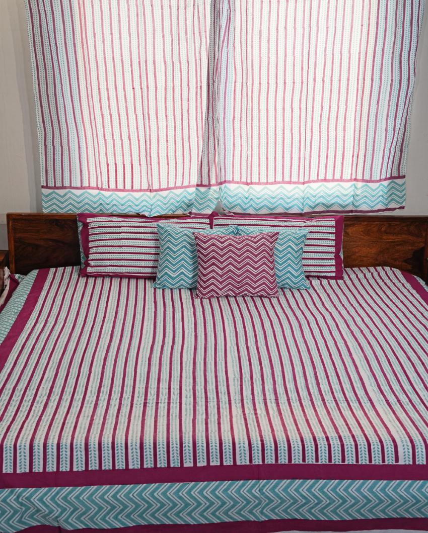 Serene Stripes Printed Cotton Bedsheet with 2 Pillow Covers