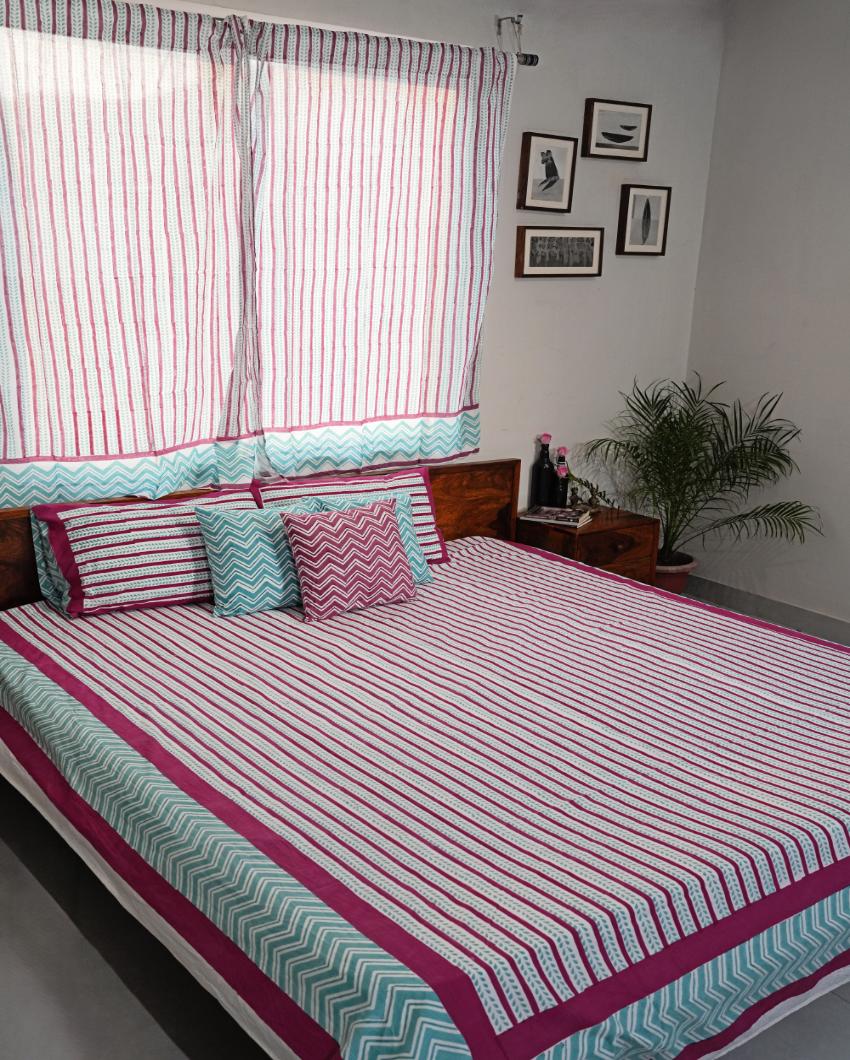 Serene Stripes Printed Cotton Bedsheet with 2 Pillow Cover, 2 Cushion Covers