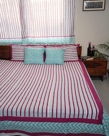 Serene Stripes Printed Cotton Bedsheet with 2 Pillow Covers