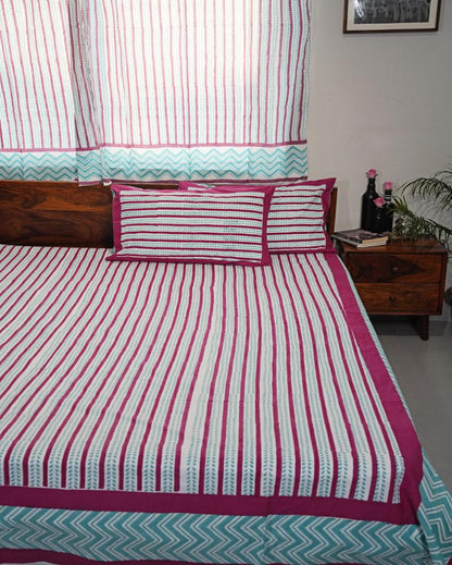 Serene Stripes Printed Cotton Bedsheet with 2 Pillow Covers