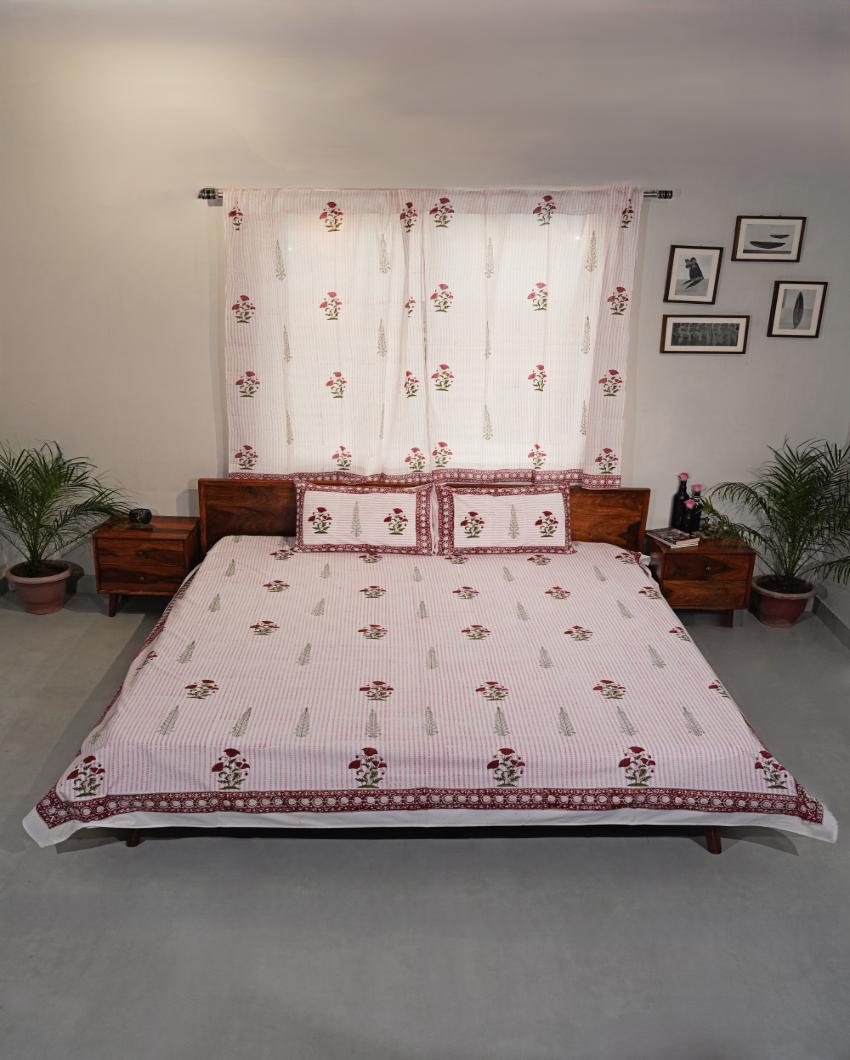 Crimson Printed Cotton Bedsheet with 2 Pillow Covers | Double Size | 90 x 108 inches