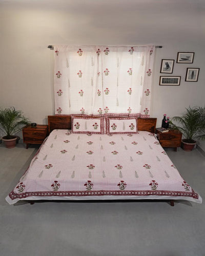 Crimson Printed Cotton Bedsheet with 2 Pillow Cover, 2 Cushion Covers | King Size | 108 x 108 inches