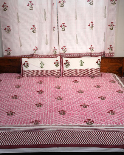 Rosy Dream Printed Cotton Bedsheet with 2 Pillow Cover, 2 Cushion Covers | King Size | 108 x 108 inches