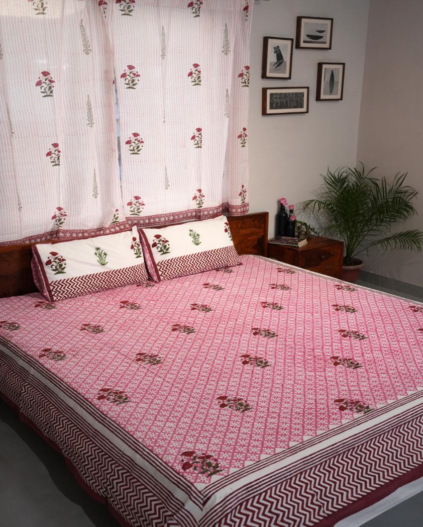 Rosy Dream Printed Cotton Bedsheet with 2 Pillow Cover, 2 Cushion Covers | King Size | 108 x 108 inches