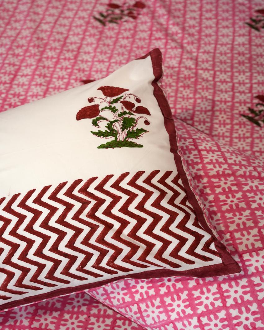 Rosy Dream Printed Cotton Bedsheet with 2 Pillow Cover, 2 Cushion Covers | King Size | 108 x 108 inches