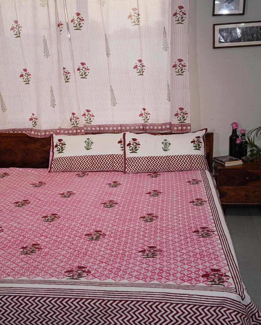 Rosy Dream Printed Cotton Bedsheet with 2 Pillow Cover, 2 Cushion Covers | King Size | 108 x 108 inches