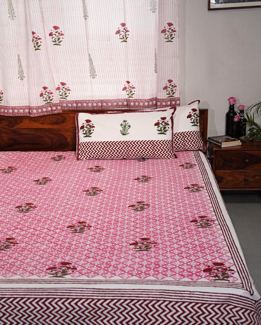 Rosy Dream Printed Cotton Bedsheet with 2 Pillow Cover, 2 Cushion Covers | King Size | 108 x 108 inches