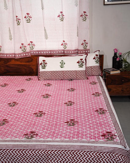 Rosy Dream Printed Cotton Bedsheet with 2 Pillow Cover, 2 Cushion Covers | King Size | 108 x 108 inches