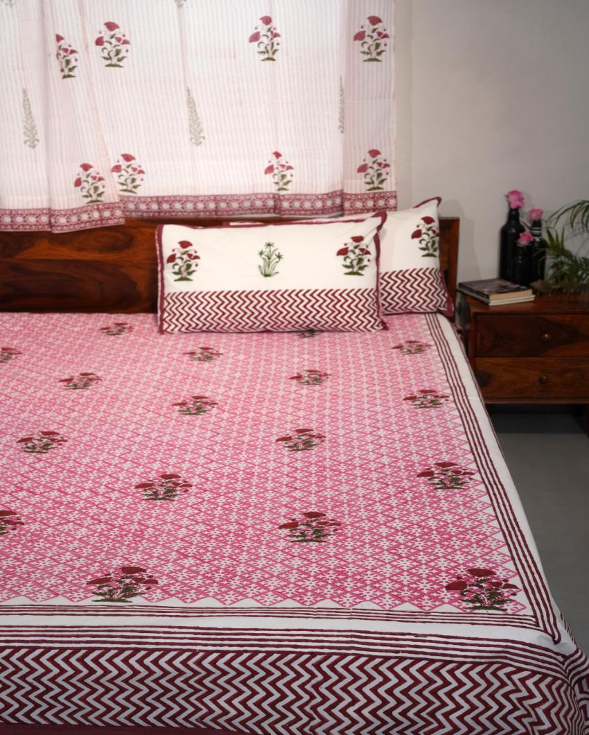 Rosy Dream Printed Cotton Bedsheet with 2 Pillow Cover, 2 Cushion Covers | King Size | 108 x 108 inches