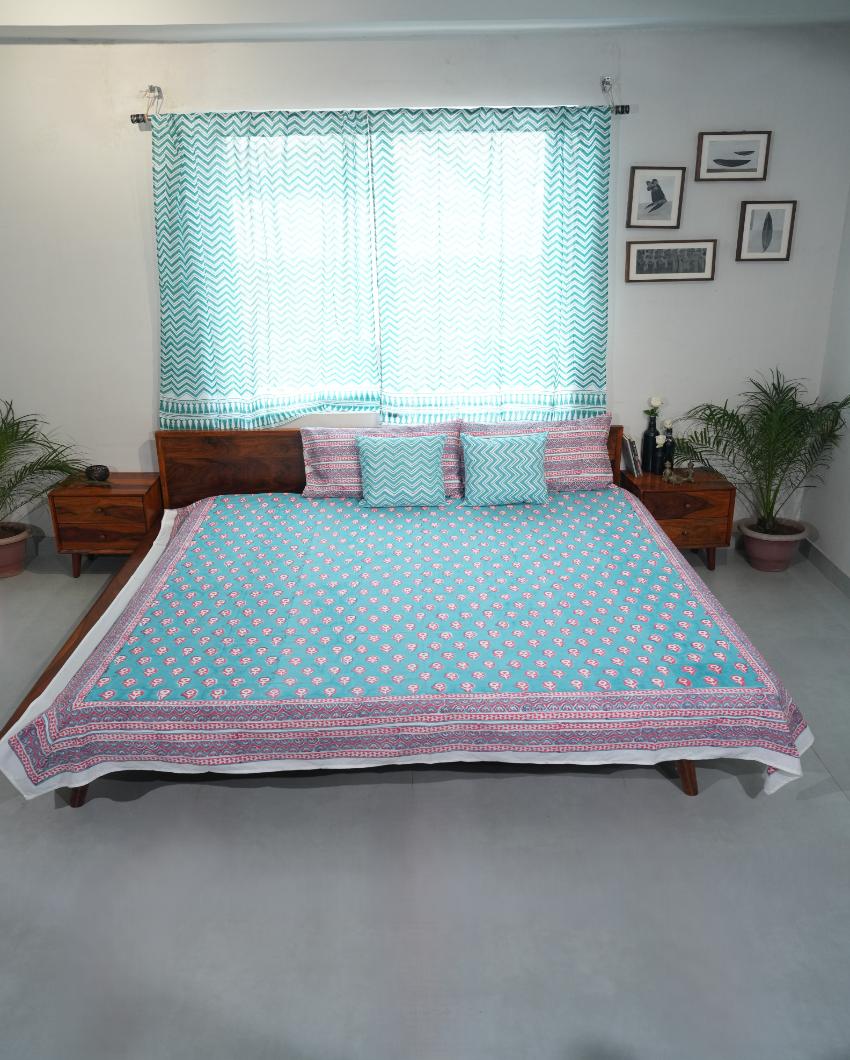 Magenta Mosaic Magic Printed Cotton Bedsheet with 2 Pillow Cover, 2 Cushion Covers