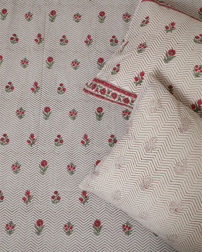 Floral Bed Handblock Printed Cotton Bedding Set With Pillow Covers | Double Size  | 90 x 108 Inches