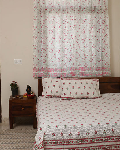 Floral Bed Handblock Printed Cotton Bedding Set With Pillow Covers | Double Size  | 90 x 108 Inches