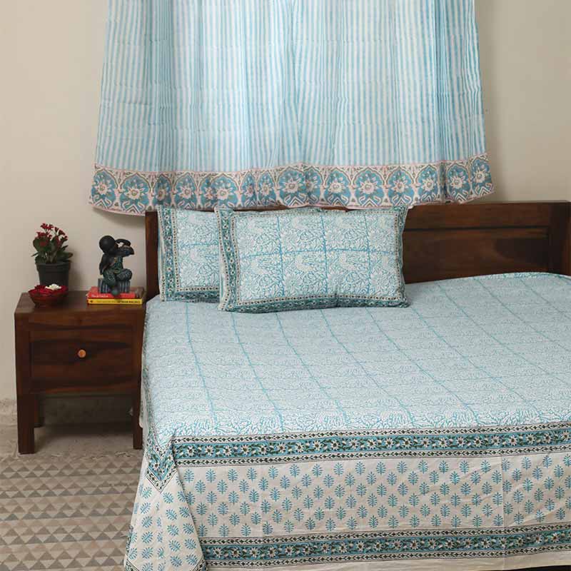 Cuckoo in Forest Handblock Printed Cotton Bedding Set With Pillow Covers | Double Size |90 x 108 Inches
