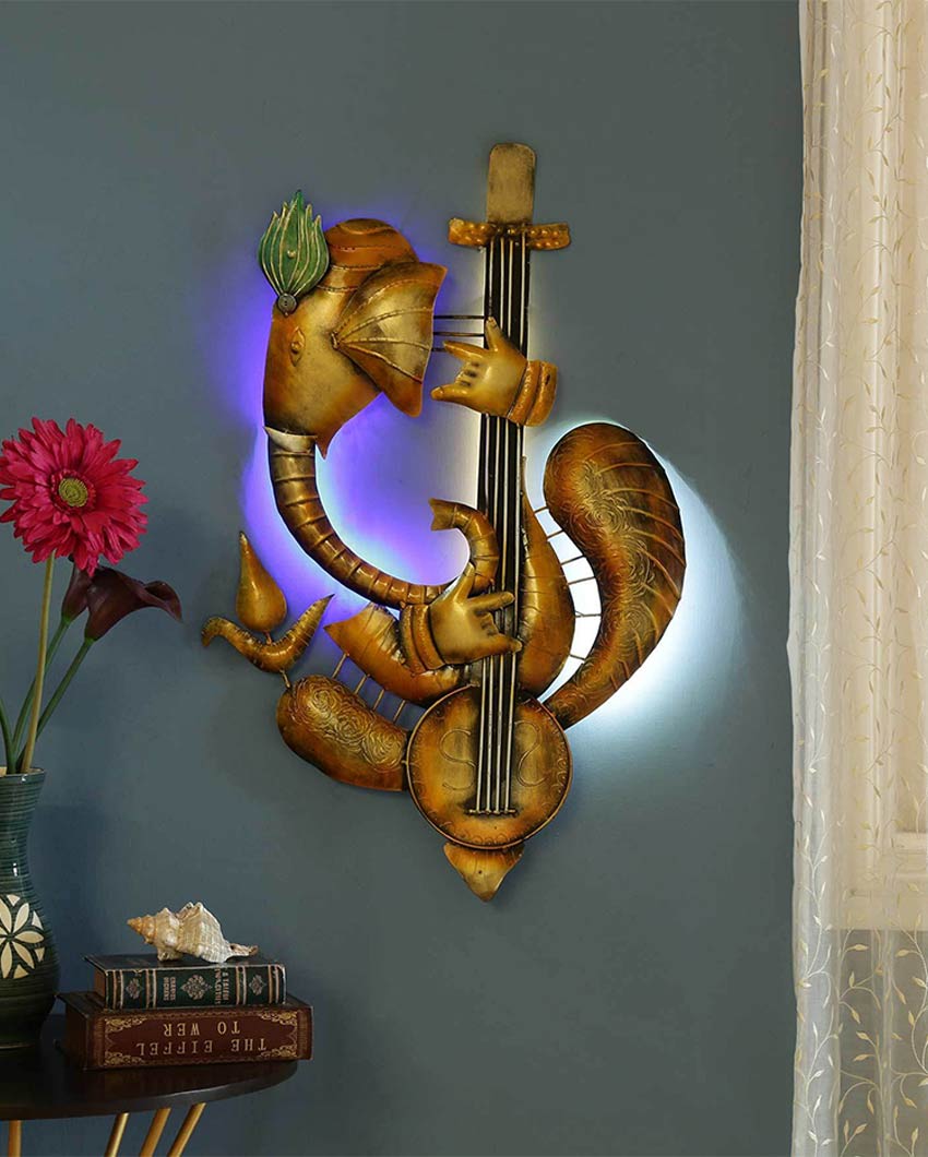 Guitar Ganesha with LED Iron Wall Décor