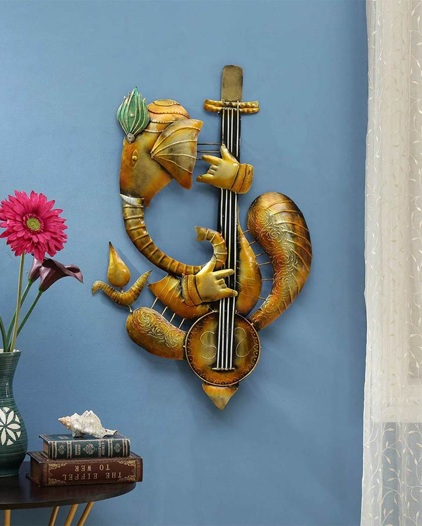 Guitar Ganesha with LED Iron Wall Décor