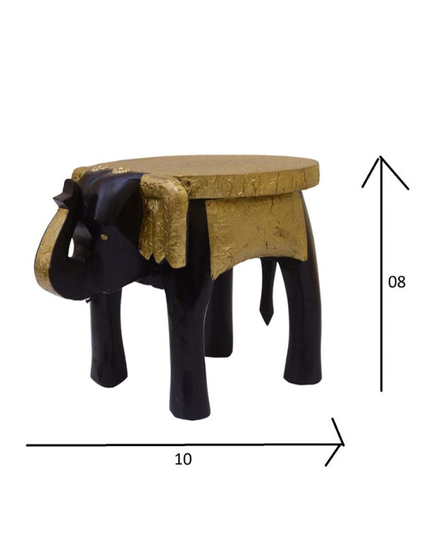 Brass Fitted Elephant Shape Wooden Stool Dark Black
