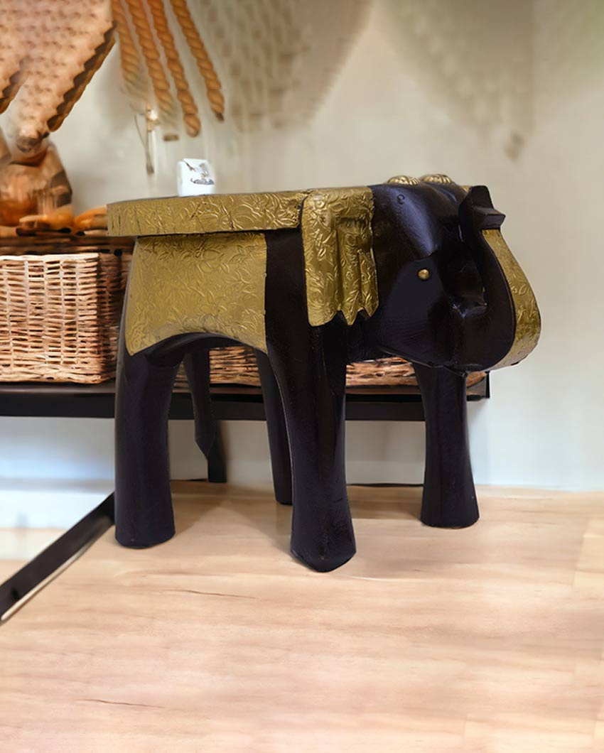 Brass Fitted Elephant Shape Wooden Stool Dark Black