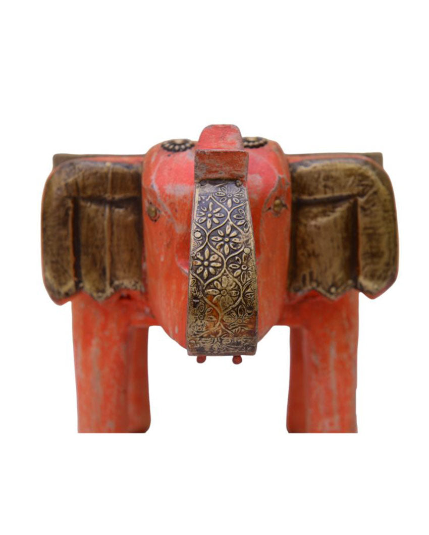 Brass Fitted Elephant Shape Wooden Stool Orange