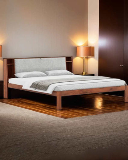 Elegant Brown Shade King Bed with Functional Headboard | 78 x 72 x 14 inches