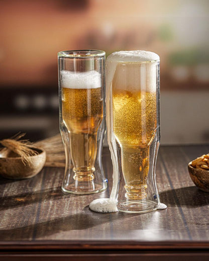 Double Wall Inverted Bottle Shaped Beer Glasses | Set of 4 | 3 x 8 inches