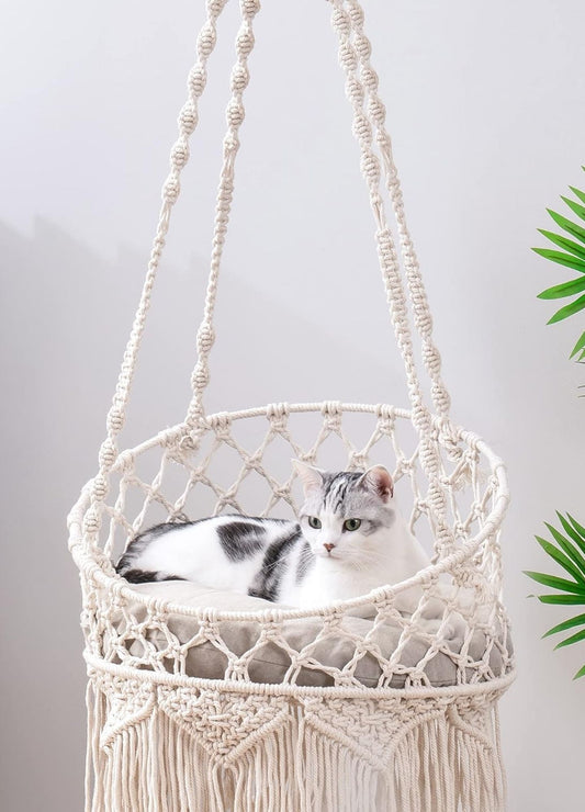 Ecofynd Macrame Hanging Cat Hammock With Cushion