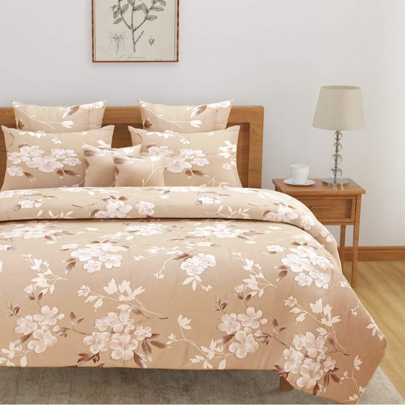 Beige Satin Cotton Bedding Set With Pillow Covers | Double Size | 90 x 108 Inches - Dusaan
