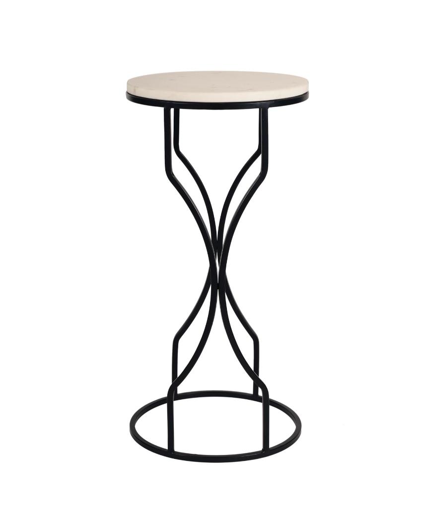 Chic Mini Ivory Eclipse White Marble with Black Metal End Table