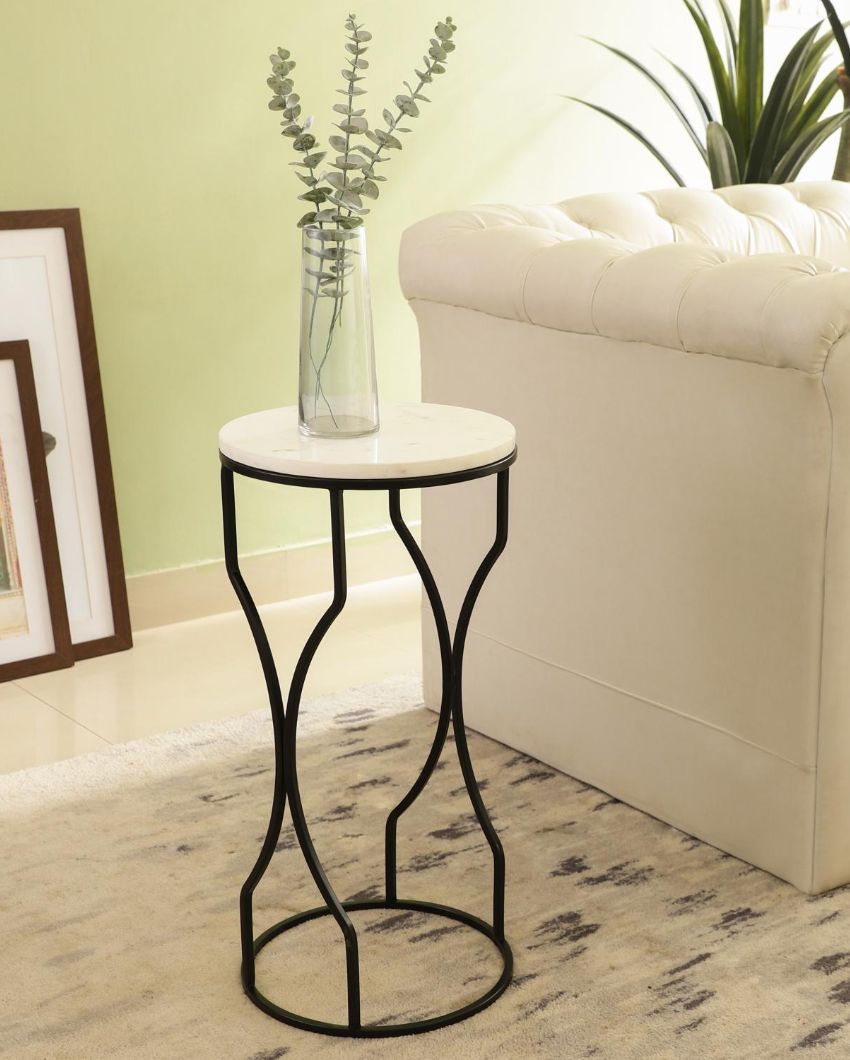 Chic Mini Ivory Eclipse White Marble with Black Metal End Table