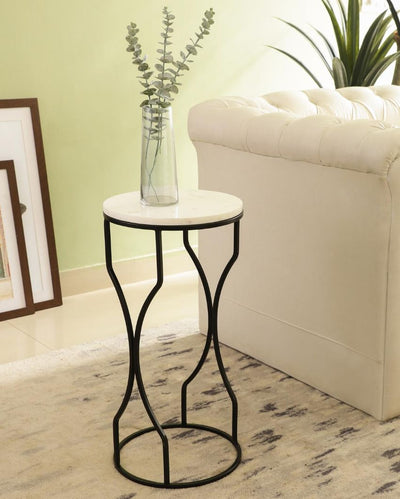 Chic Mini Ivory Eclipse White Marble with Black Metal End Table