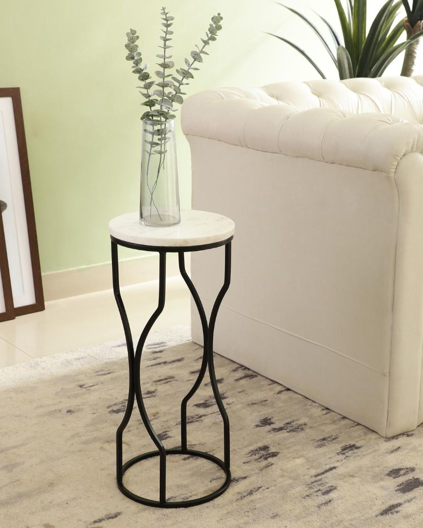 Chic Mini Ivory Eclipse White Marble with Black Metal End Table