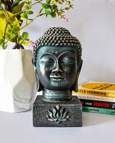 Majestic Black Resin Divine Buddha Face Idol | 4 x 10 inches