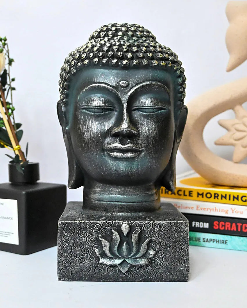 Majestic Black Resin Divine Buddha Face Idol | 4 x 10 inches