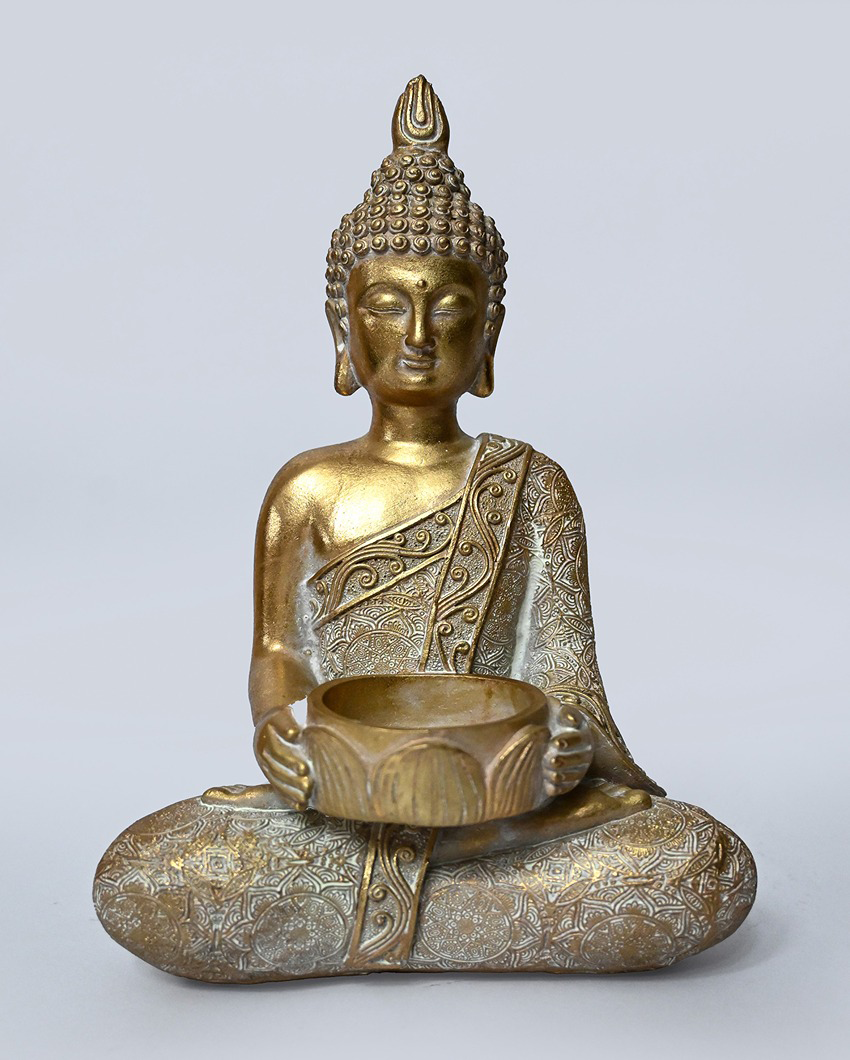 Regal Multicolor Resin Golden Alms Buddha Statue | 7 x 10 inches