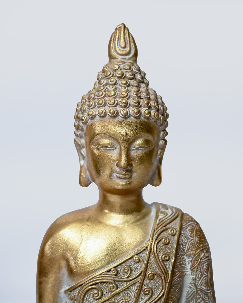 Regal Multicolor Resin Golden Alms Buddha Statue | 7 x 10 inches