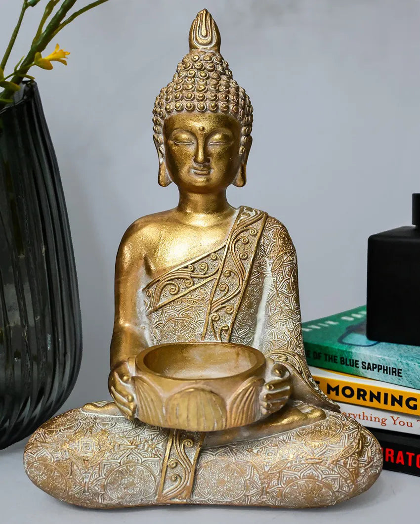 Regal Multicolor Resin Golden Alms Buddha Statue | 7 x 10 inches