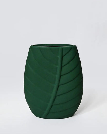 Artistic Green Ceramic Leaf Impressed Ceramic Vase | 7 x 3 x 8 inches