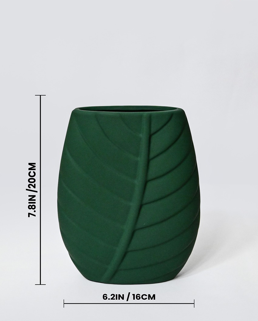 Artistic Green Ceramic Leaf Impressed Ceramic Vase | 7 x 3 x 8 inches