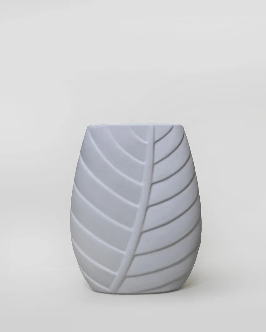 Classic White Ceramic Leaf Impressed Ceramic Vase | 7 x 3 x 8 inches