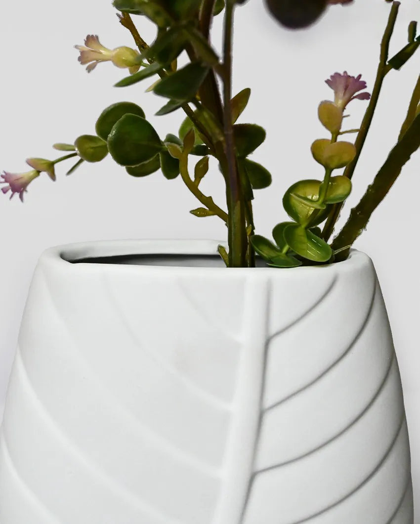 Classic White Ceramic Leaf Impressed Ceramic Vase | 7 x 3 x 8 inches