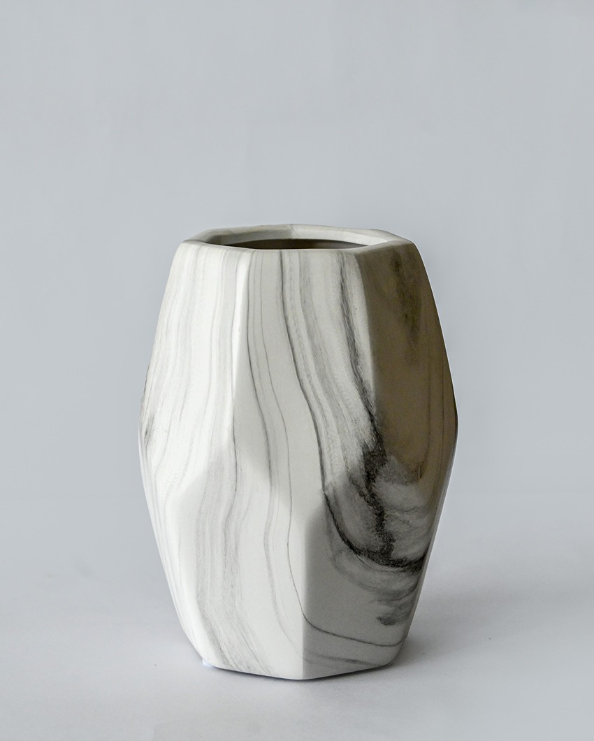 Sophisticated White Resin Pentagon Ceramic Marble Vase | 6 x 7 inches