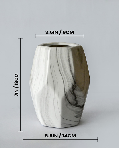 Sophisticated White Resin Pentagon Ceramic Marble Vase | 6 x 7 inches