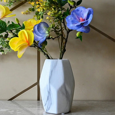 Charming White Ceramic Pentagon Ceramic Marble Vase | 7 x 9 inches