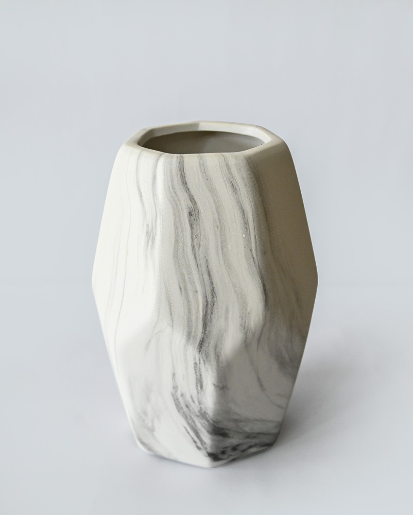 Charming White Ceramic Pentagon Ceramic Marble Vase | 7 x 9 inches