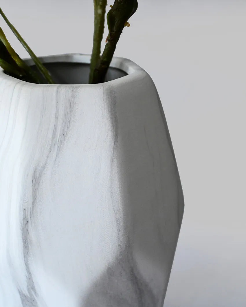 Charming White Ceramic Pentagon Ceramic Marble Vase | 7 x 9 inches