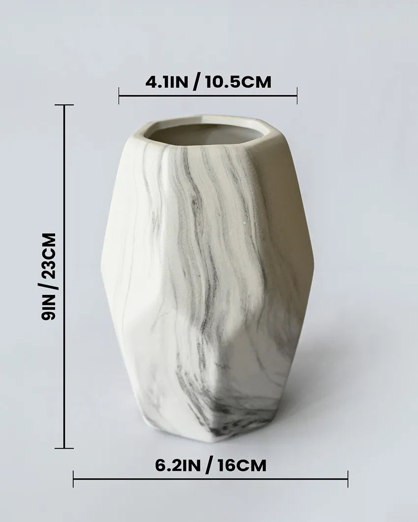 Charming White Ceramic Pentagon Ceramic Marble Vase | 7 x 9 inches