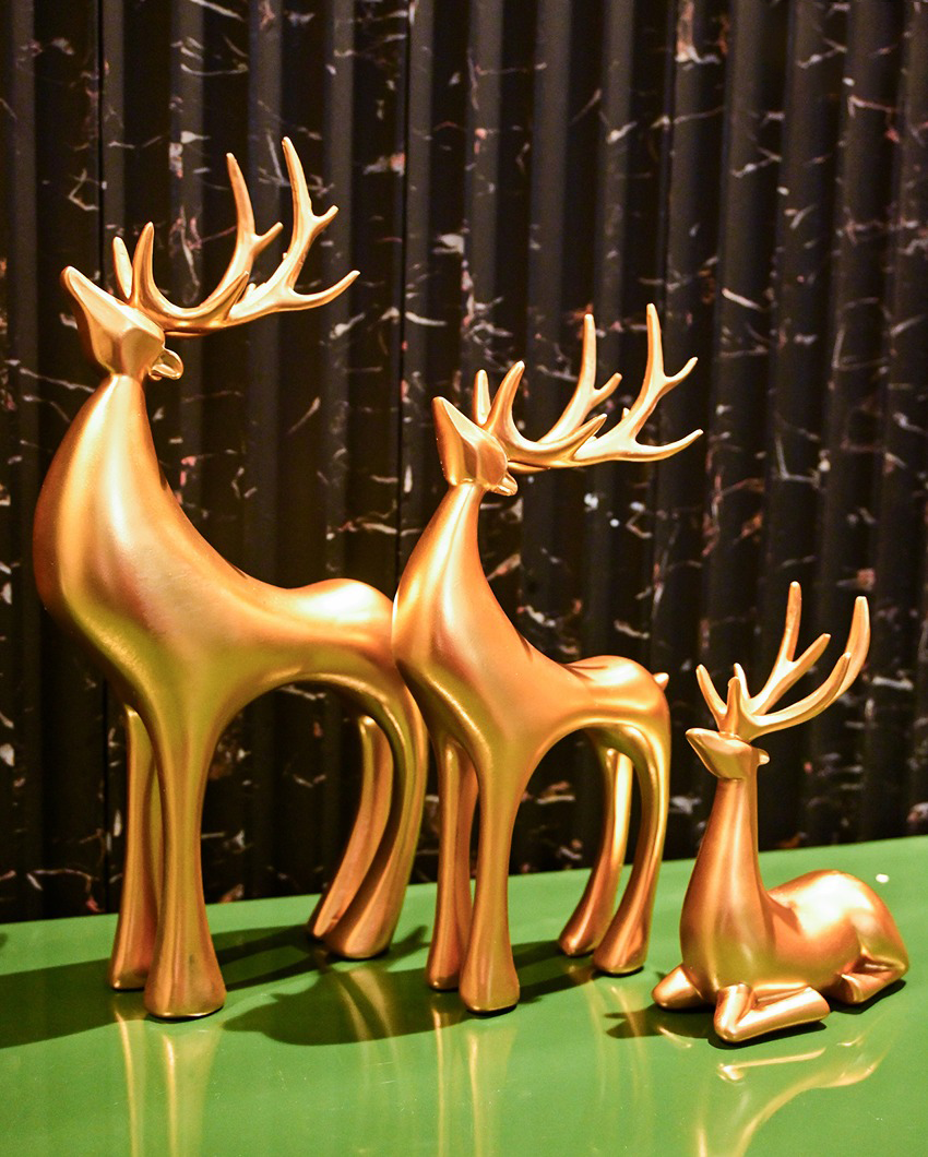 Enchanting Golden Resin Charming Reindeer Decor Collection | Set of 3