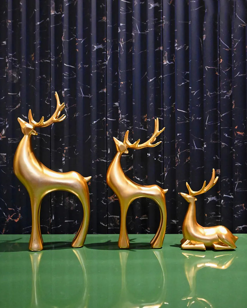 Enchanting Golden Resin Charming Reindeer Decor Collection | Set of 3